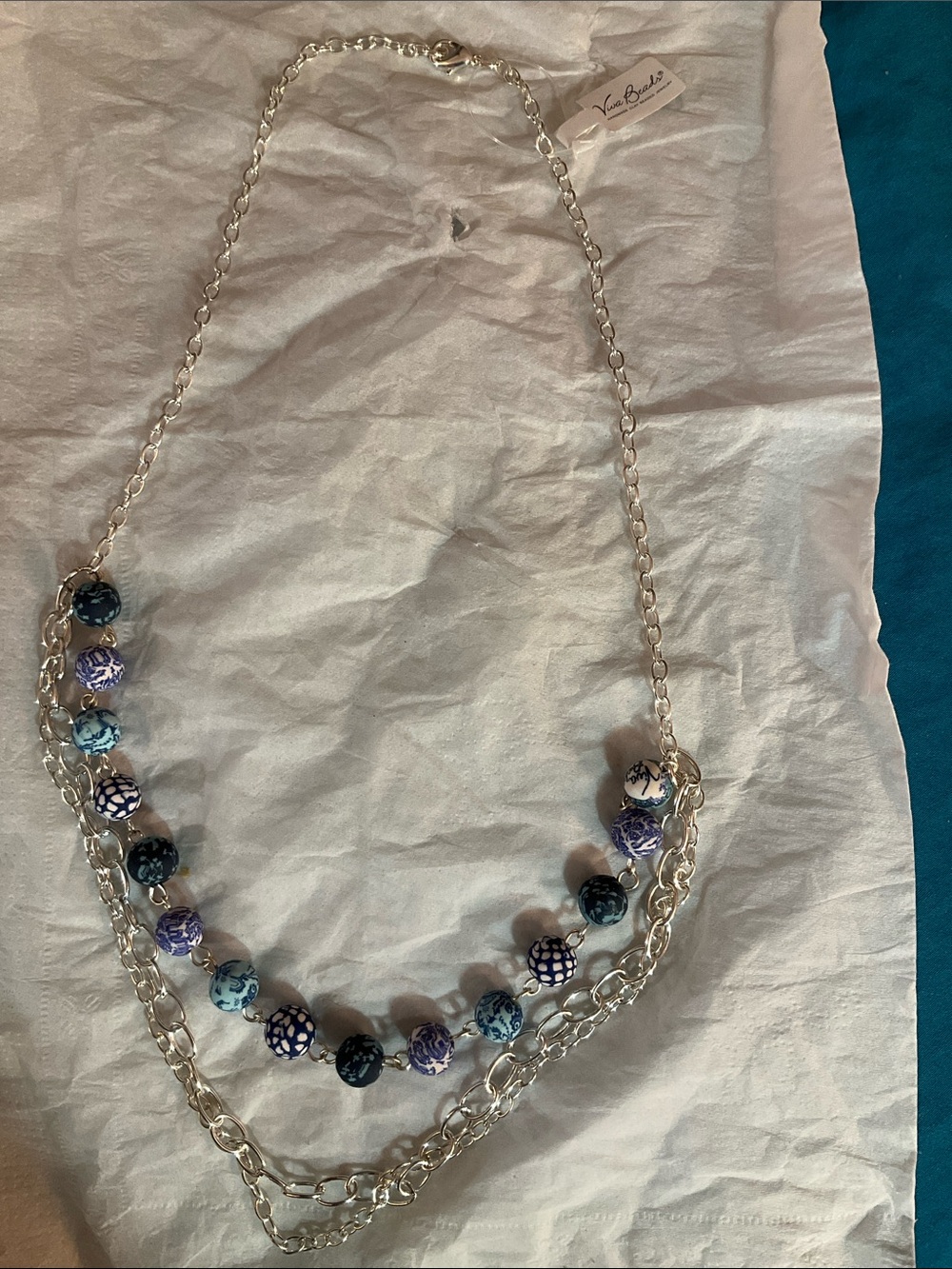 Viva Beads Silver Chain Necklace with Blue, Purple and Teal Beads
